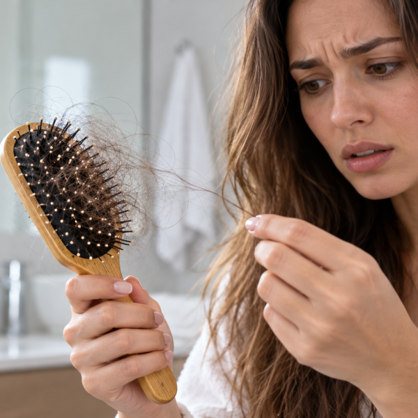 Close-up of a womans hand holding a hairbrush with visible loose strands, soft natural bathroom light, concerned expression.