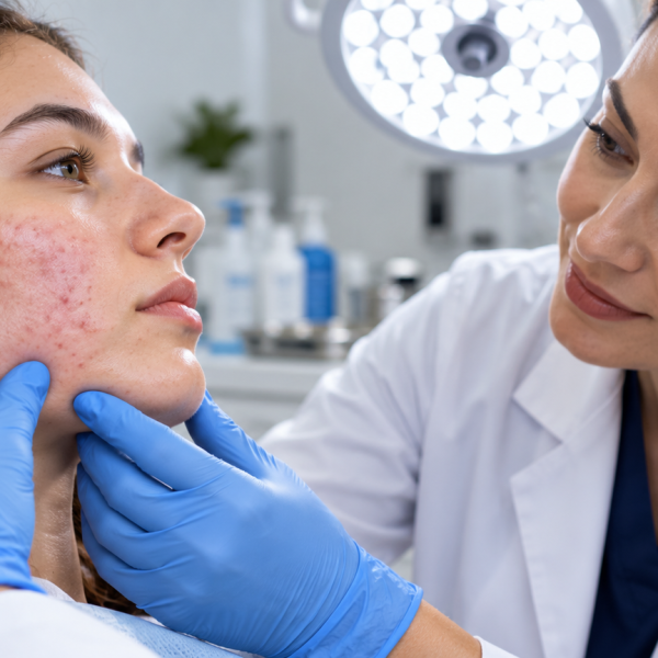 Dermatologist examining a patients acne-prone cheek under bright clinic light, gloved hands, close-up focus, calm reassuring expression.